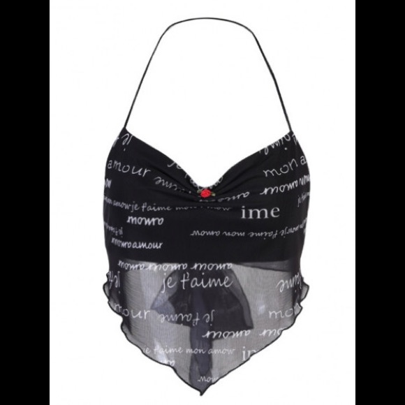 Semi Sheer Asymmetrical Front W/Red Rose Deep V Bilingual Graphic 🌹 Cami Top 🌹 - Picture 7 of 11